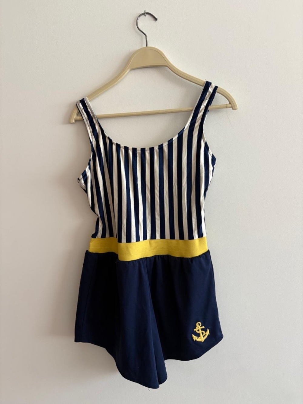 Vintage Nautical Romper | Navy & White Stripe | Yellow Waist | Anchor Embroidery